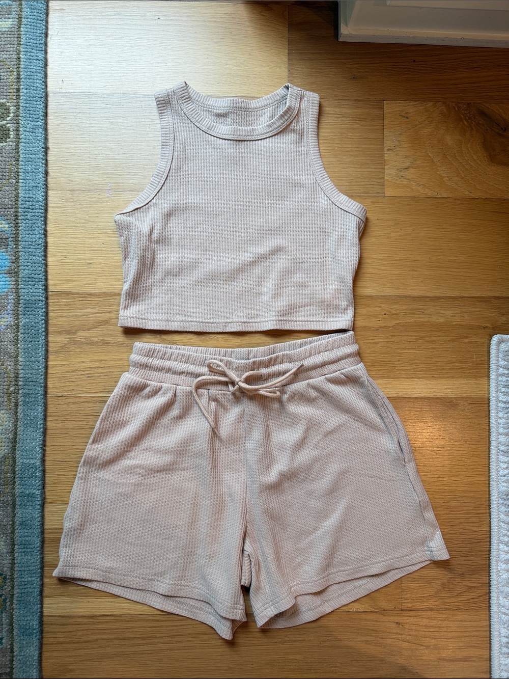 Ribbed Crop Tank & Drawstring Shorts Set - Light Beige